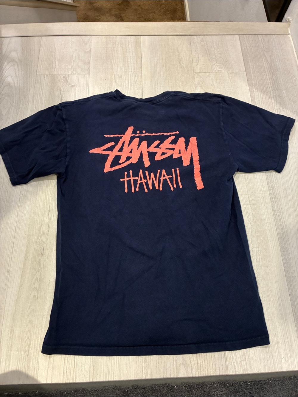 Stussy Men’s Navy T-Shirt with Coral Logo - Hawaii Graphic